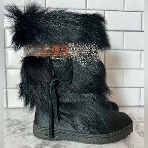 BEARPAW Kola II BLACK Exotic Calf Skin Goat Fur Wool Lined Boots